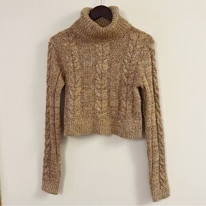Anthropologie Pilcro Cropped Metallic Tan Cable Knit Turtleneck Sweater Size XS